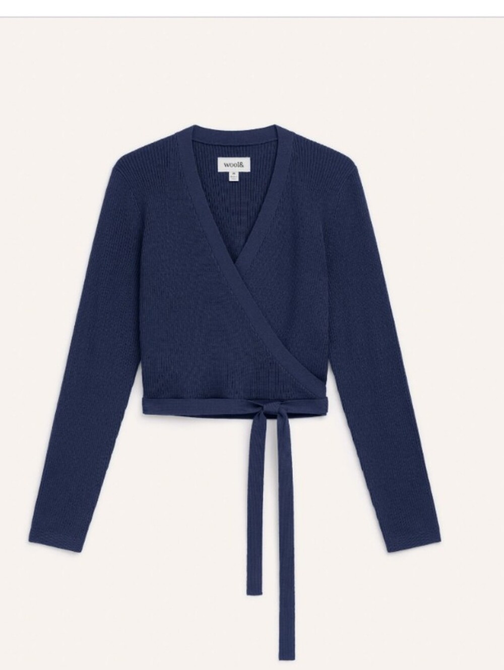 Wool& Adeline Navy Wrap Tie-Front Merino V-Neck Sweater - Large
